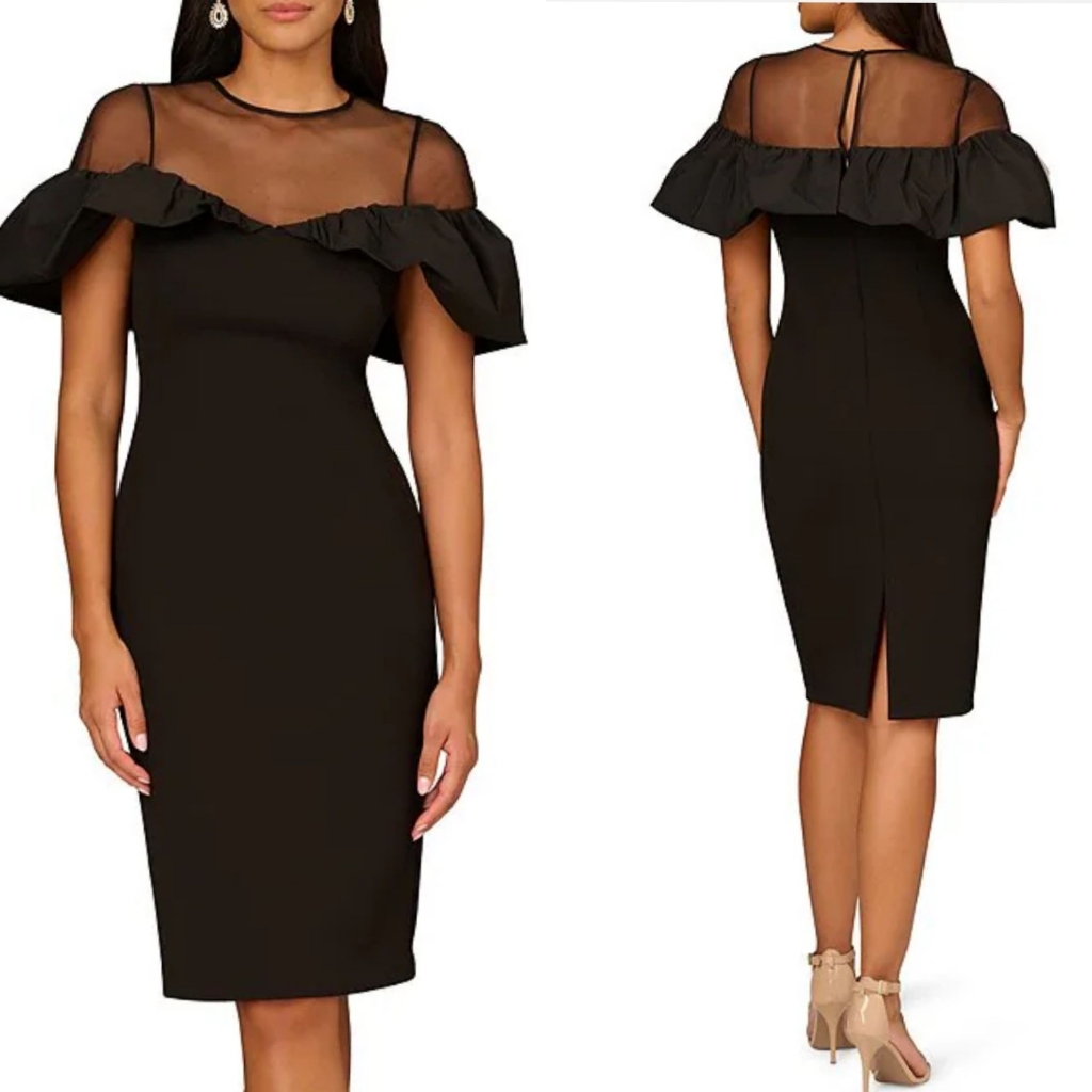 Aidan Mattox Bonded Crepe Illusion Mesh Off The Shoulder Flutter Sleeve Dress